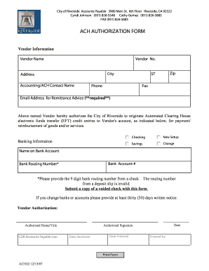 City of Riverside ACH Authorization Form