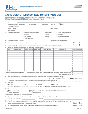 Contractors' Choice Equipment Product Warranty Application