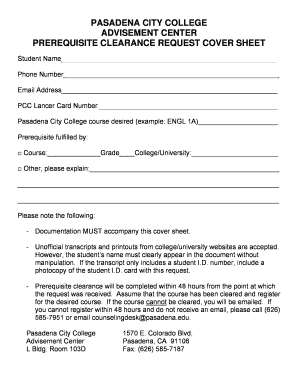 Prerequisite Clearance Request Cover Sheet