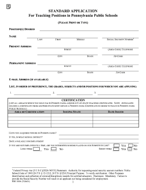 Pennsylvania Public School Teaching Application
