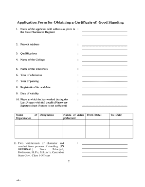 application form for obtaining a certificate of good standing