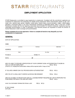 Starr Restaurants Employment Application