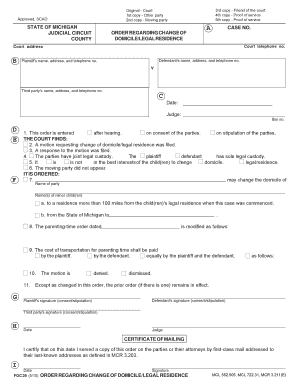Order Regarding Change of Domicile/Legal Residence