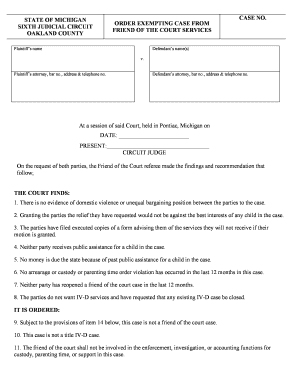 Michigan Friend of the Court Exemption Order