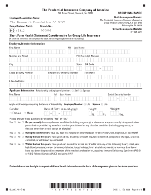 Short Form Health Statement Questionnaire for Group Life Insurance