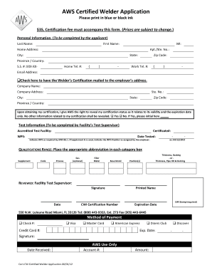 AWS Certified Welder Application Form