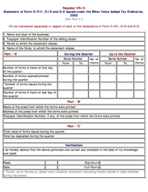 Bihar Value Added Tax Form D-VIII, D-IX, D-X Register