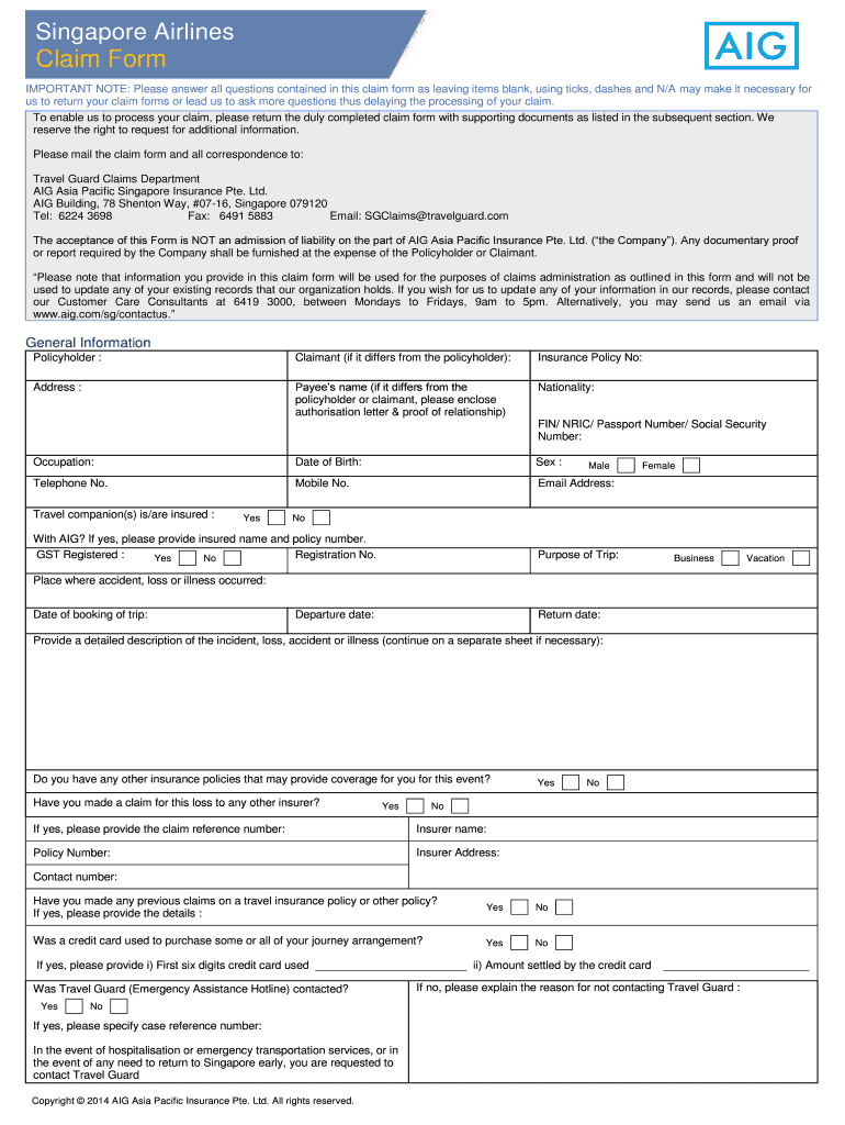 Fillable Online Jetstar Travel Insurance Singapore Airlines Claim Form