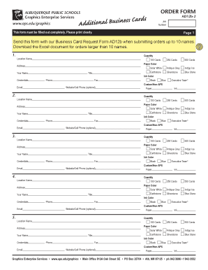 Albuquerque Public Schools Business Card Order Form