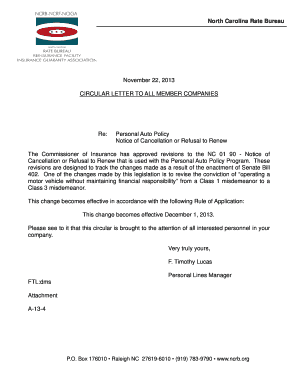 North Carolina Notice of Cancellation or Refusal to Renew