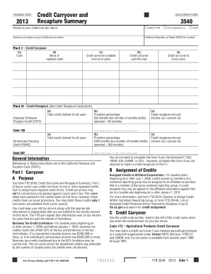 California Form 3540 Credit Carryover and Recapture Summary