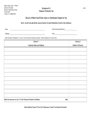 New Jersey Moist Snuff Tax Schedule D-1