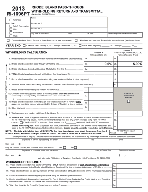 Rhode Island Pass-Through Withholding Return and Transmittal