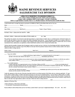 MAINE REVENUE SERVICES SALES/EXCISE TAX DIVISION AFFIDAVIT OF EXEMPTION FOR IMMEDIATE REMOVAL For a Motor Vehicle (including allterrain vehicles and snowmobiles), Camper trailer (including a slidein truck camper), Aircraft or Semitrailer -