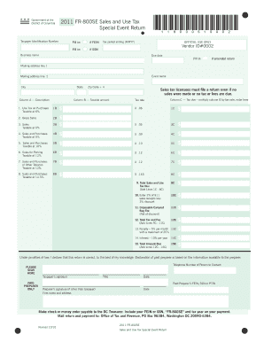 District of Columbia 2011 FR-800SE Sales and Use Tax Special Event Return