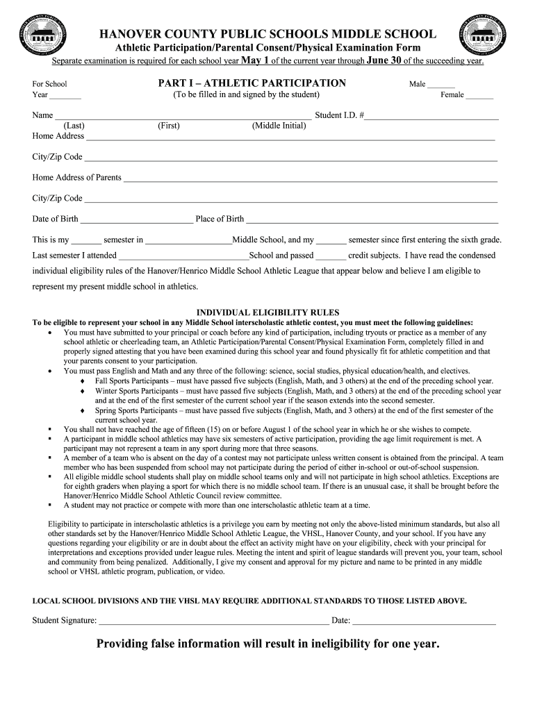 MIDDLE SCHOOL LEAGUE ATHLETIC PARTICIPATION PARENTAL CONSENT Preview on Page 1