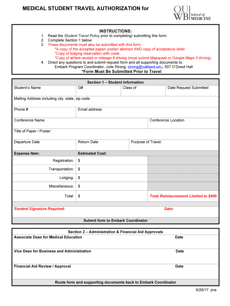 6 28 17 Medical Student Travel Authorization Form docx Preview on Page 1