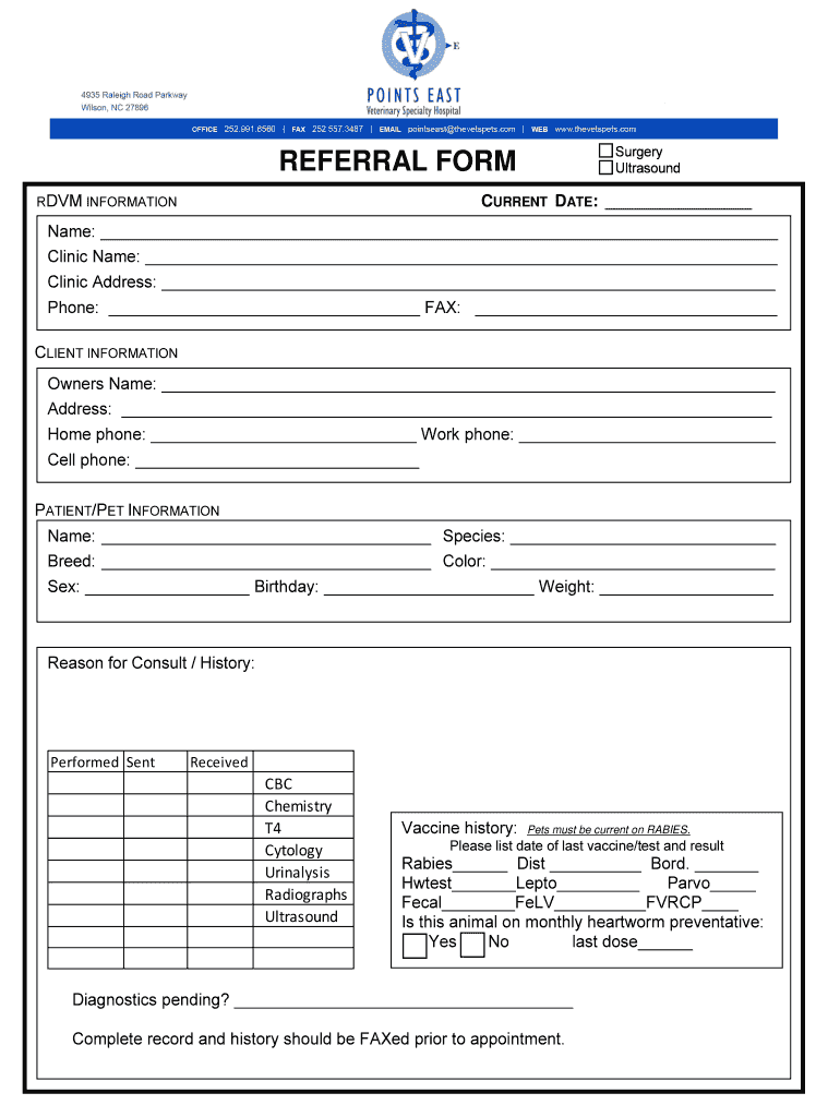 NC Points East Veterinary Specialty Hospital Referral Form Fill and