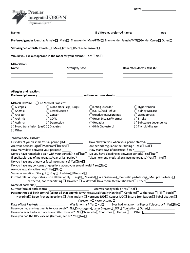 Fillable Online Premier Integrated OB/GYN - Medical History. Medical ...