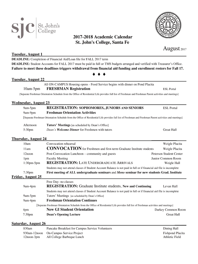 Fillable Online Santa Fe Academic Calendar 2017-18, St. John's College Fax  Email Print - pdfFiller