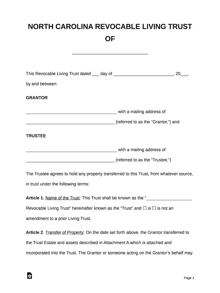 North Carolina Revocable Living Trust Blank Fillable Template Fill