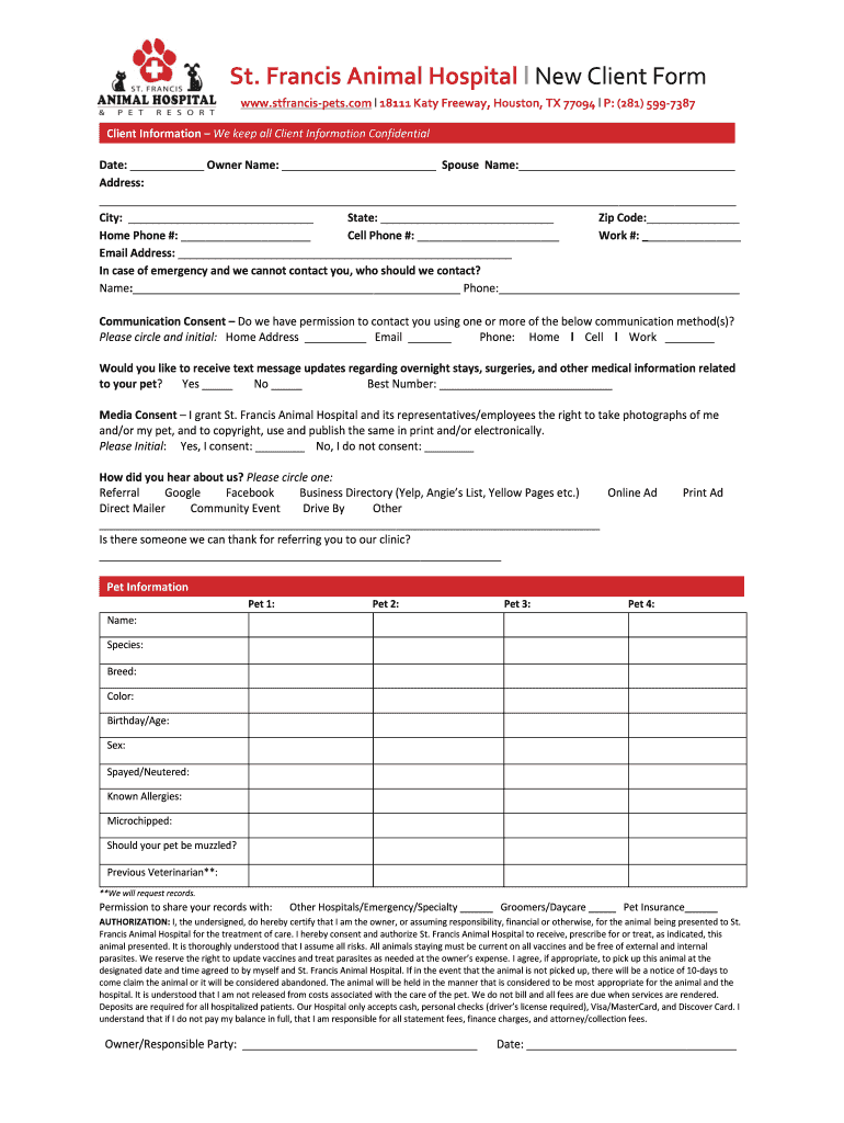 Fillable Online St. Francis Animal Hospital l New Client Form Fax Email