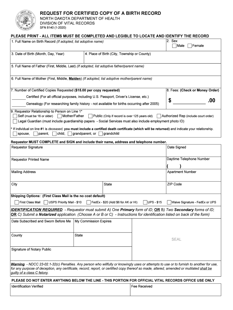 request for certified copy of a birth record - North Dakota Preview on Page 1