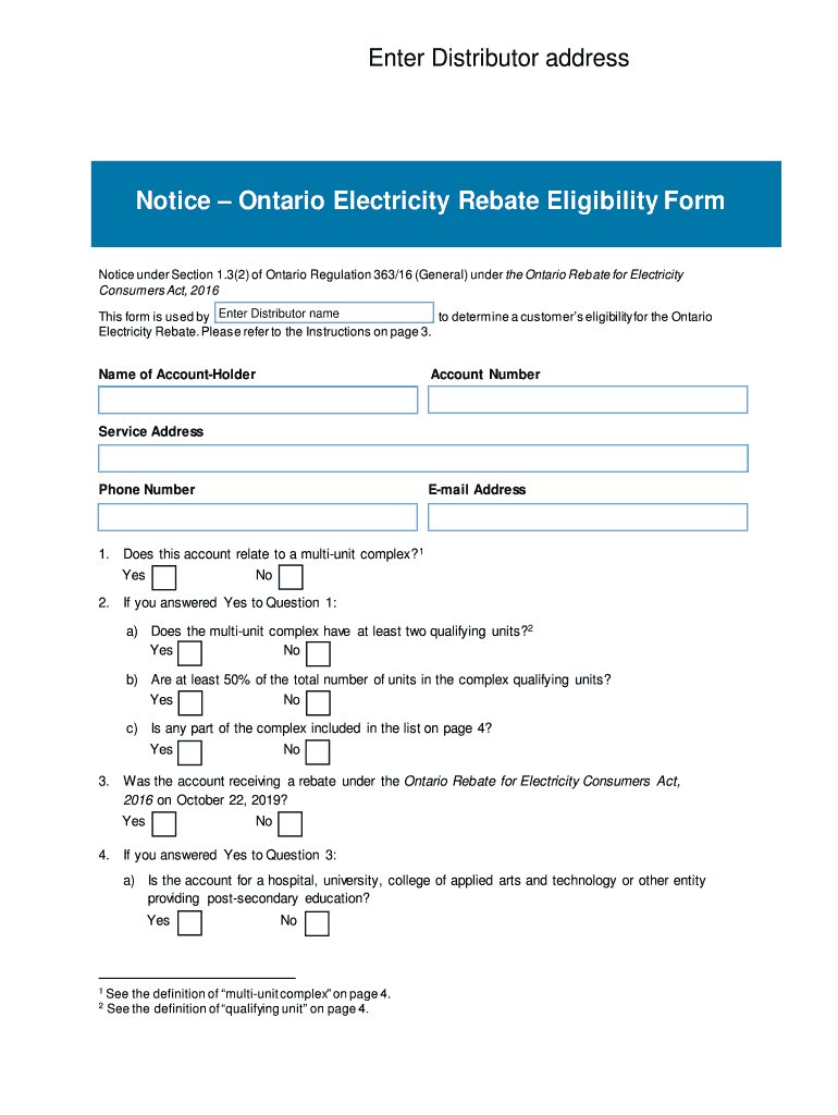 Fillable Online NoticeOntario Electricity Rebate Eligibility Form Fax