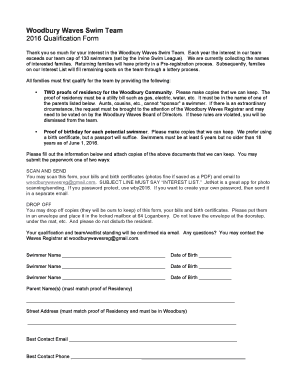 Woodbury Waves Swim Team 2016 Qualification Form