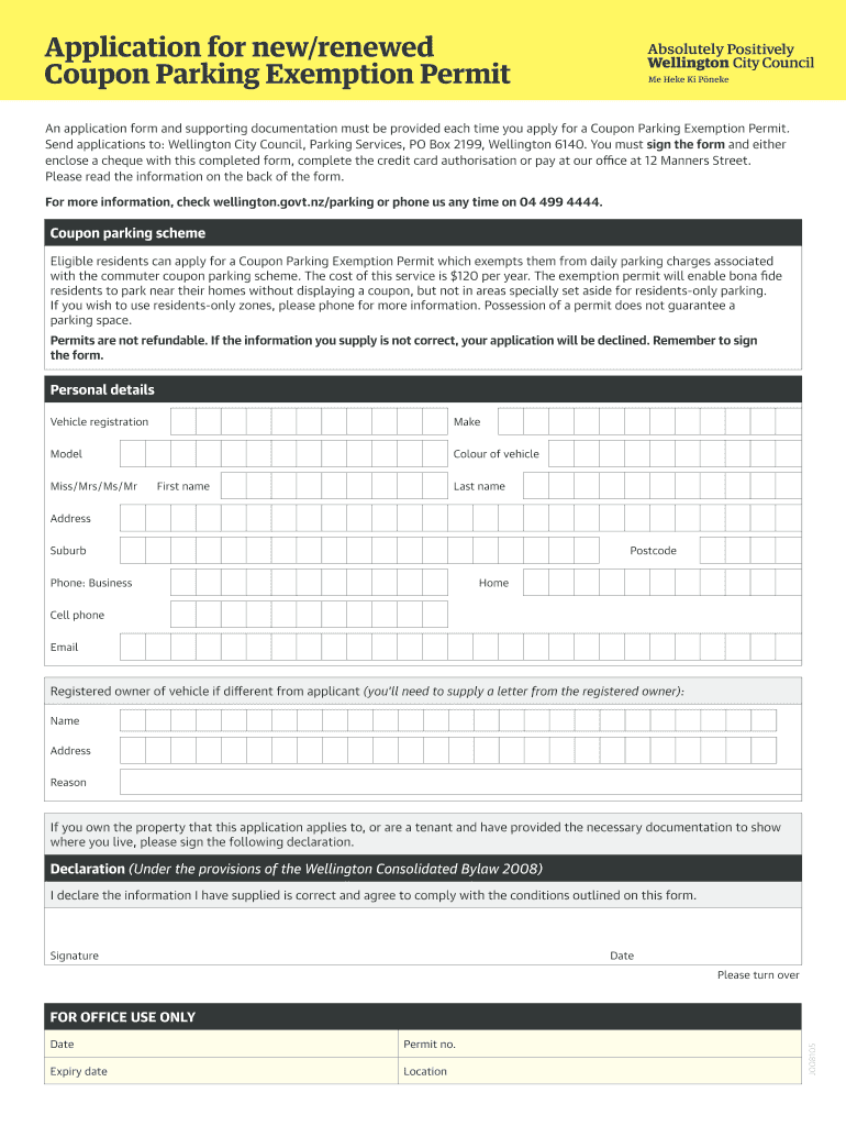 Fillable Online wellington govt Application for a coupon parking