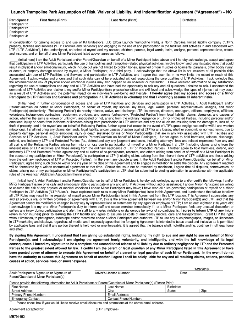 Fillable Online Launch Trampoline Park Assumption of Risk, Waiver of
