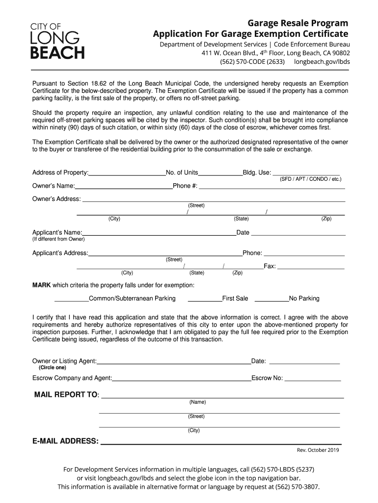 Fillable Online Application For Garage Exemption Certificate City of