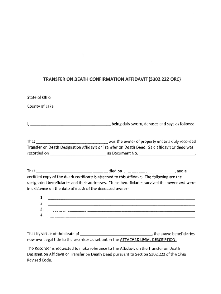 ohio transfer on death confirmation affidavit Preview on Page 1