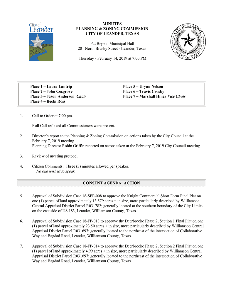 Fillable Online PLANNING & ZONING COMMISSION CITY OF LEANDER, TEXAS Fax