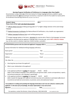 Nursing program verification of proficiency in a language other than english