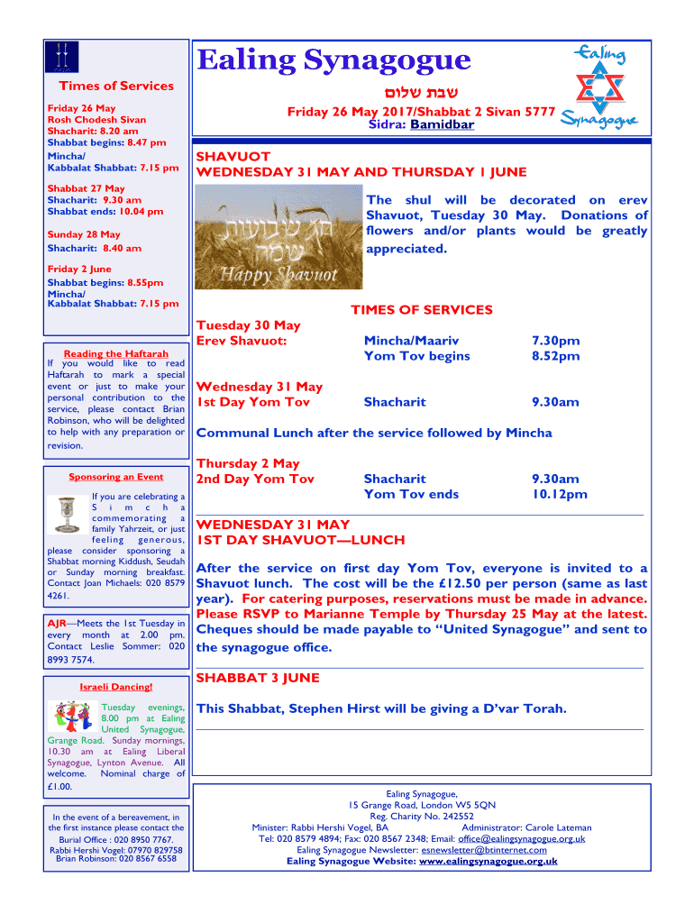 Fillable Online ealingsynagogue org Shabbat CandleLighting Times for
