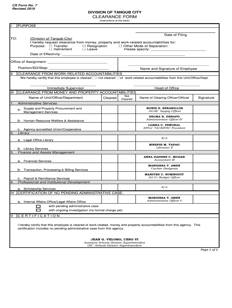 Fillable Online 4 CS Form No. 7 Clearance FormEconomiesBusiness Fax ...