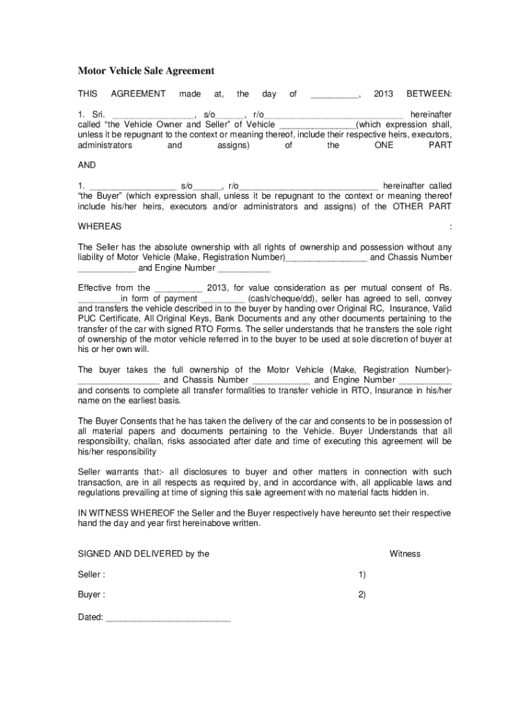 motor vehicle sale agreement Preview on Page 1
