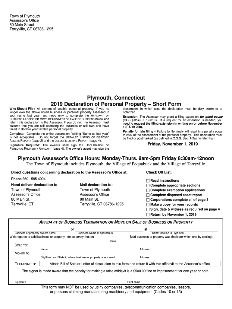 Fillable Online 2019 Plymouth CT Declaration of Personal Property Short