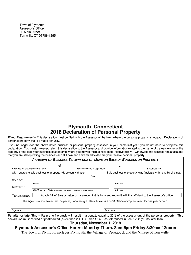 Fillable Online Plymouth, Connecticut Declaration of Personal Property