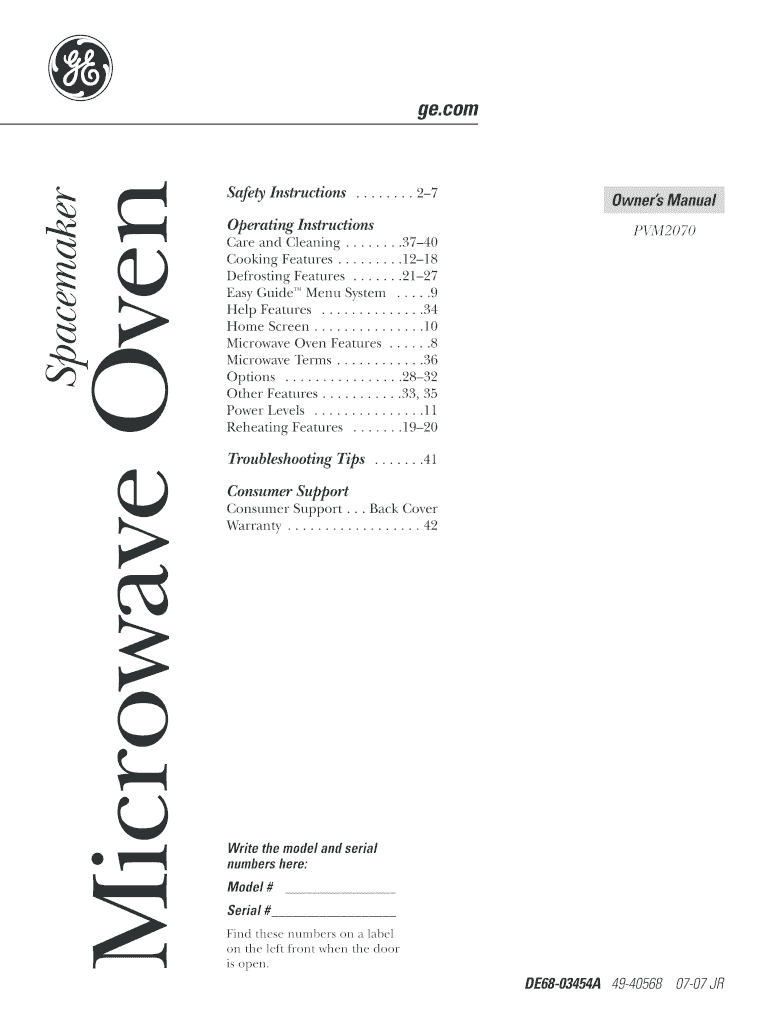 Fillable Online 4940568. GE Spacemaker Microwave Oven Owner's Manual