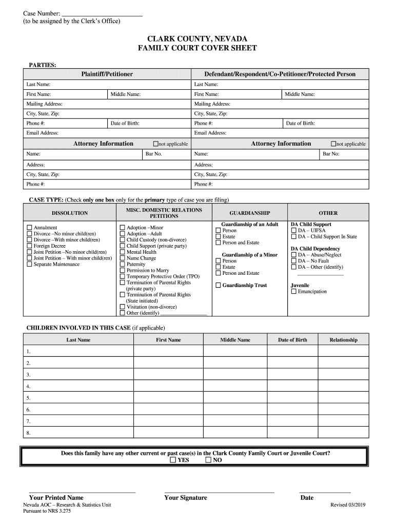 CLARK COUNTY, NEVADA FAMILY COURT COVER SHEET Preview on Page 1