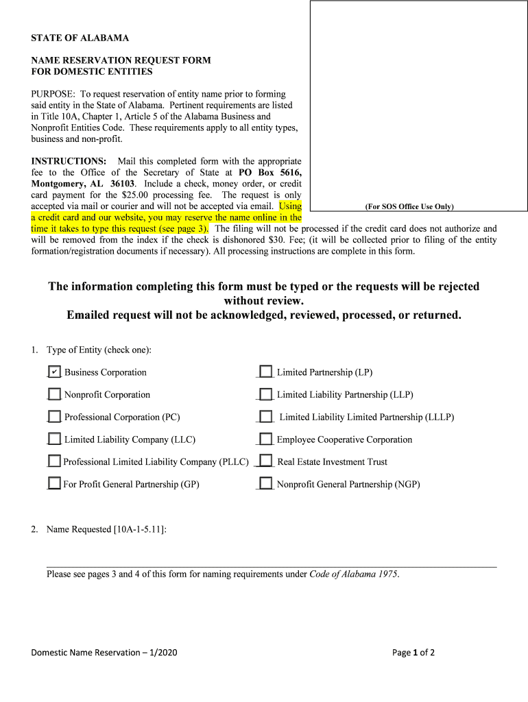 alabama business name reservation Preview on Page 1