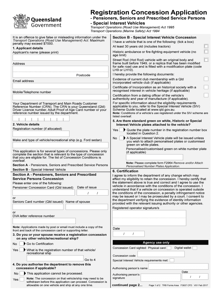 Fillable Online Registration Concession Application Pensioners