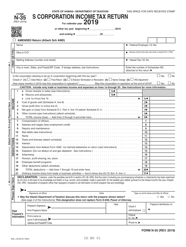 Form N-35, Rev. 2019, S Corporation Income Tax Return. Forms 2019 - Fillable Preview on Page 1.