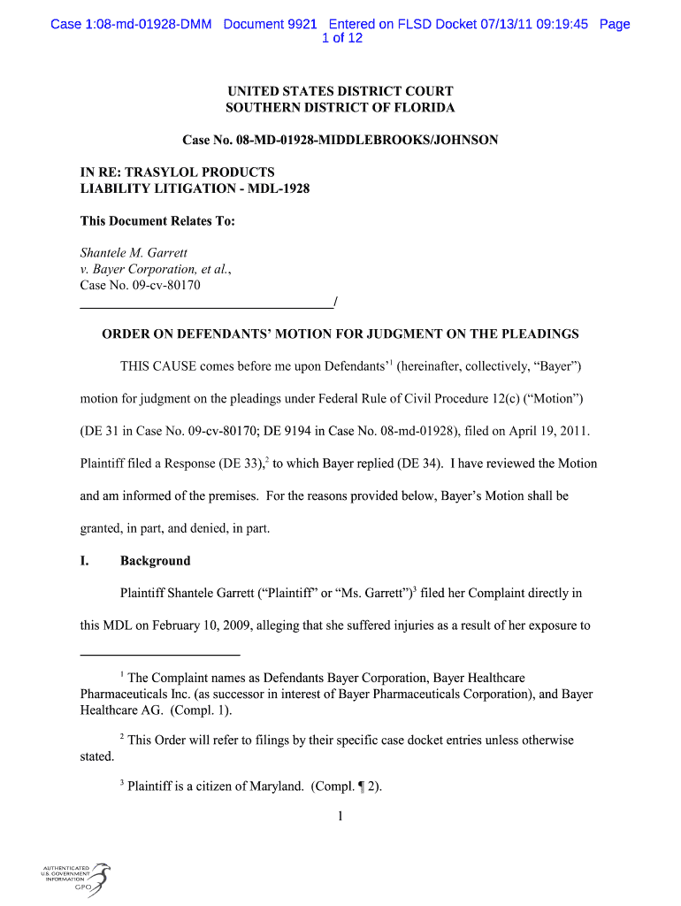 The Complaint names as Defendants Bayer Corporation Preview on Page 1