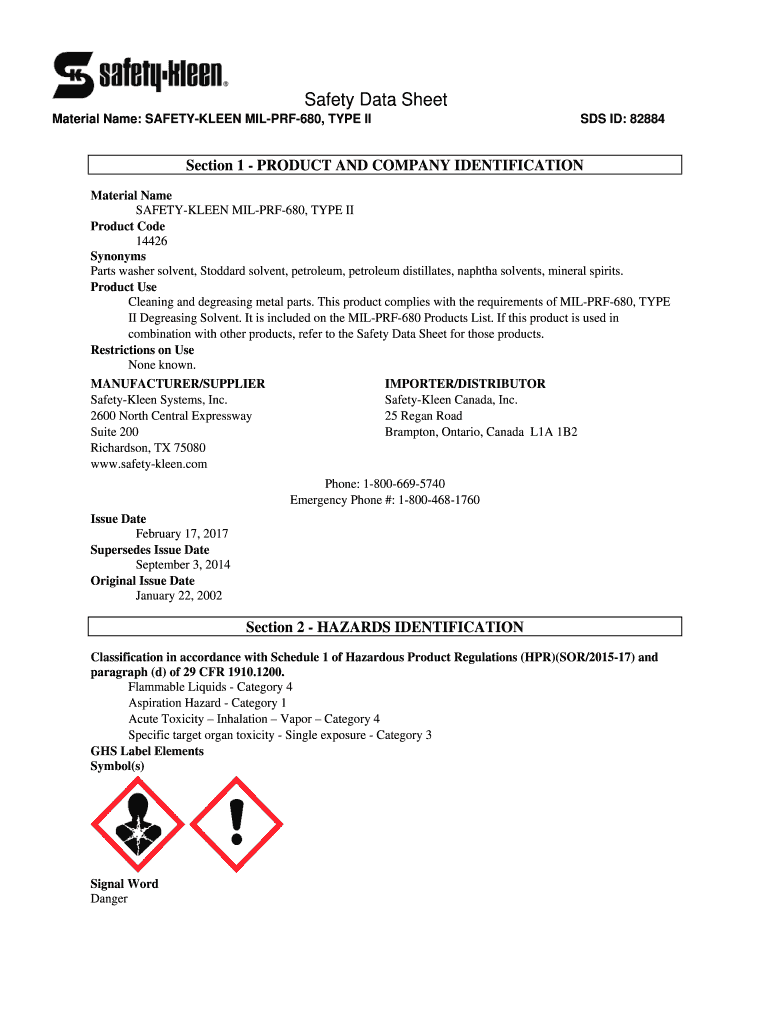 Fillable Online safetykleen milprf680, type ii material safety data