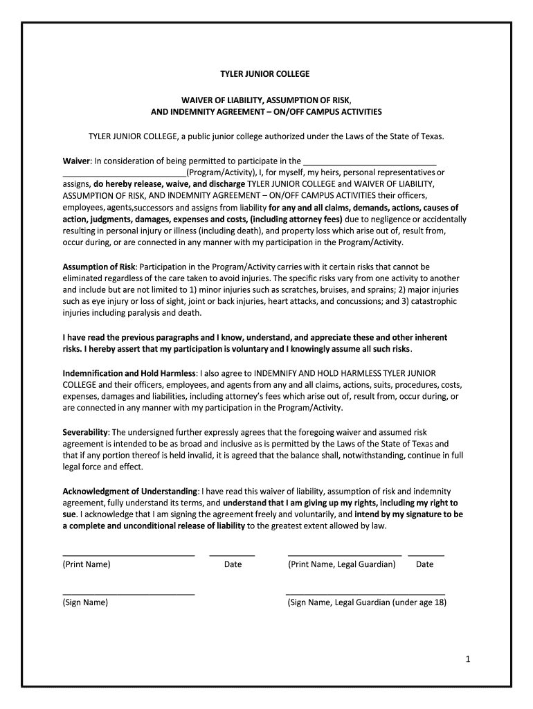 Fillable Online tyler junior college waiver of liability, assumption of risk, and Fax Email