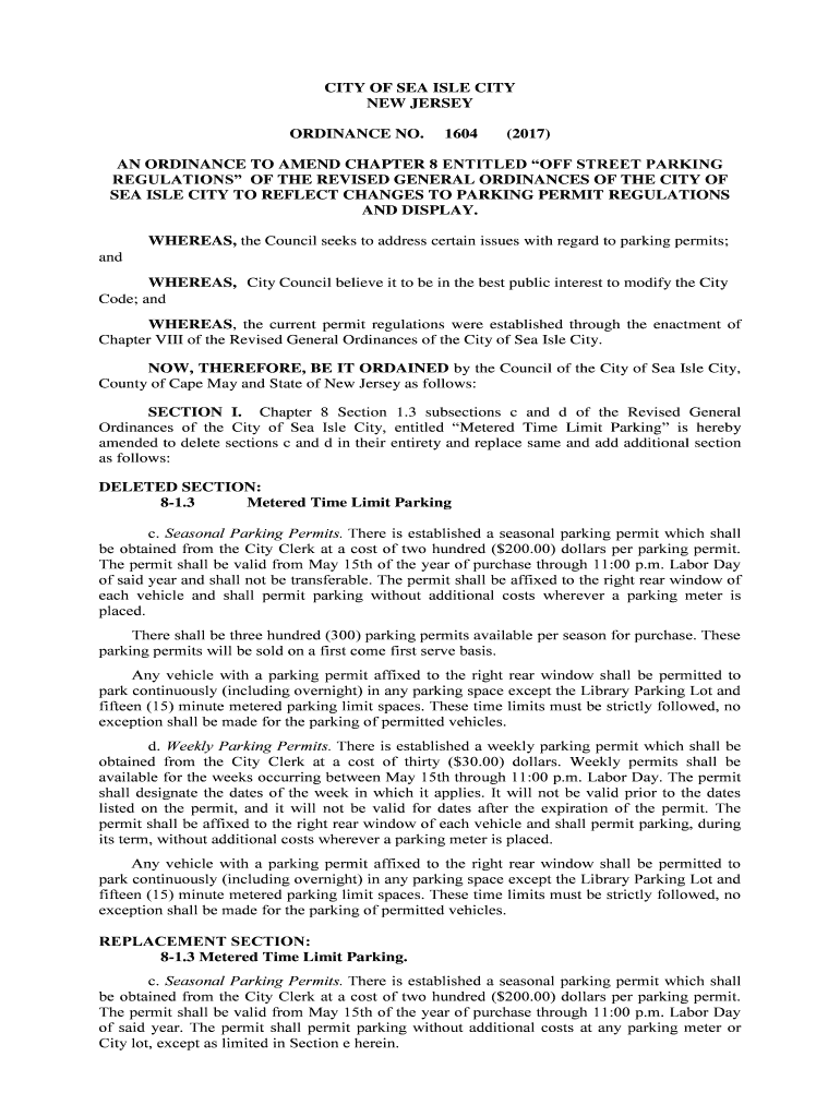 Fillable Online city of sea isle city new jersey ordinance no. 1604 Fax