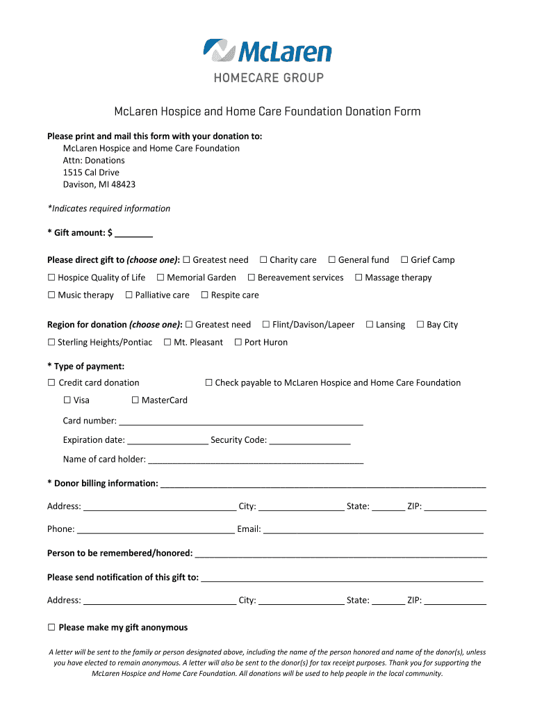 McLaren Hospice and Home Care Foundation Donation Form Preview on Page 1